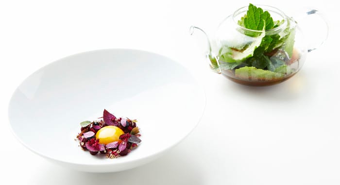 Guide Michelin Nordic Guide 2016_Geranium 92- Restaurant Geranium_Biodynamic egg yolk in melted pork fat, pickled beets & infusion of black currant leaves_Claes Bech Poulsen