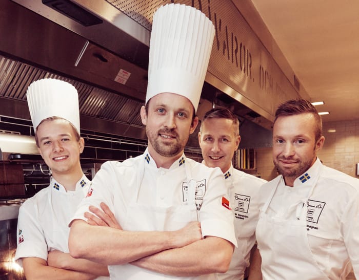 kock-em Sveriges kandidat i Bocuse d´Or, Alexander Sjögren med Commis Hampus Risberg, President Henrik Norström och Coach Jonas Lundgren