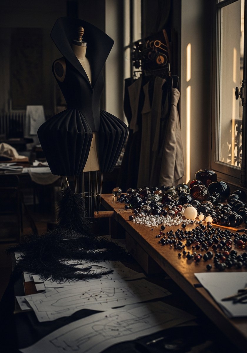 Skulpturell couturklänning, fjädrar och munblåst glas i en parisisk ateljé