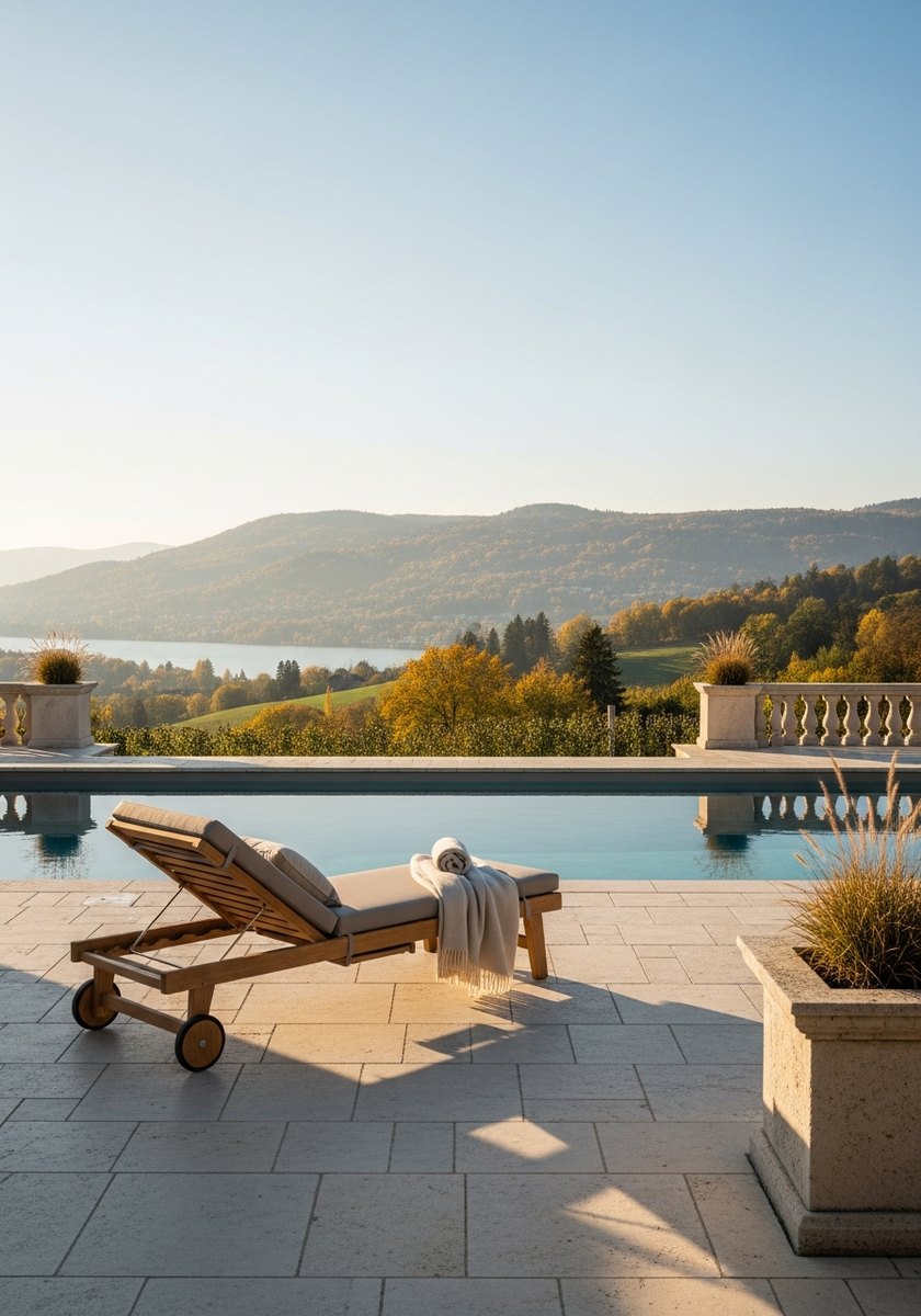 En tom stenterrass med infinitypool och en ensam solstol mot gyllene höstkullar och en sjö i mjukt septemberljus